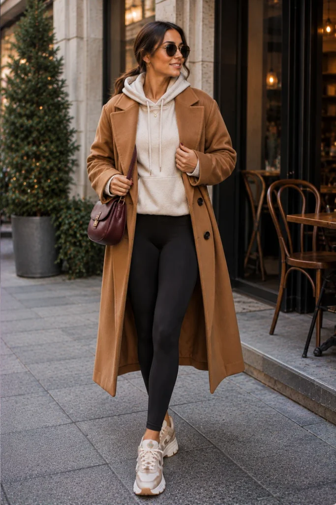 Sophisticated camel coat layered over a cozy hoodie with leggings and clean sneakers for a polished casual winter outfit.