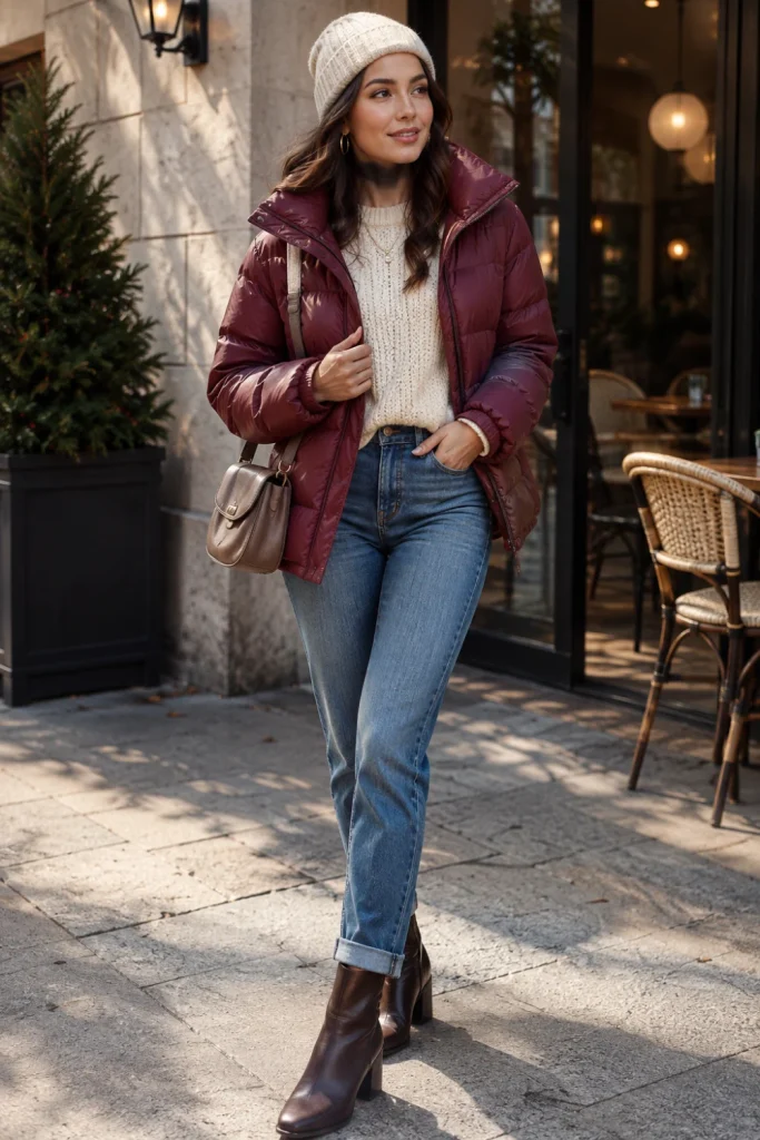 best-winter-aesthetic-outfits-cold-weather-classic-puffer-knit-sweater-jeans.