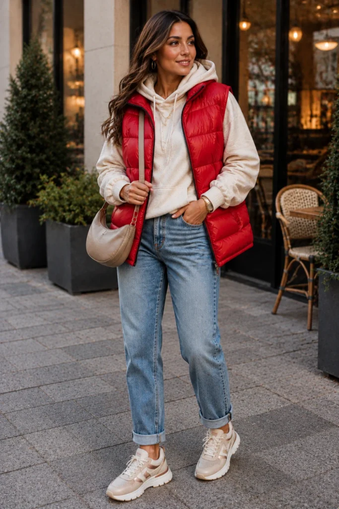 A colorful puffer vest layered over a cozy hoodie with cuffed jeans and modern winter sneakers for a trendy cold-weather aesthetic outfit.