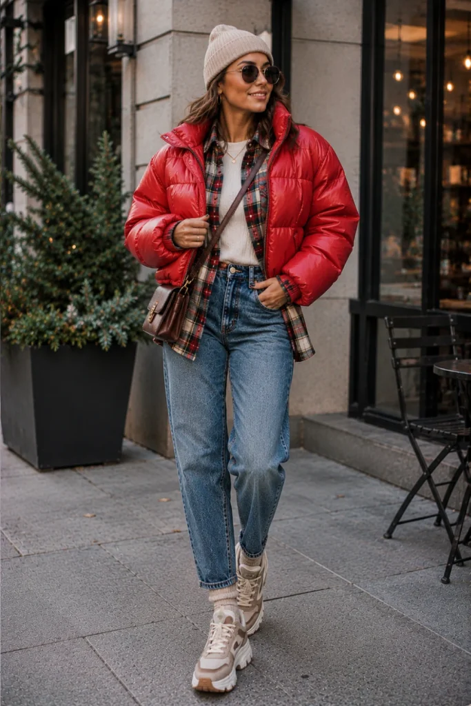 Cropped puffer jacket layered over a flannel shirt with mom jeans and modern winter boots for a trendy cold-weather outfit.