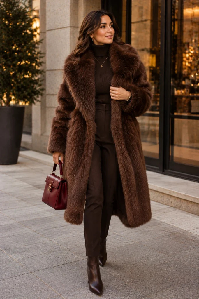A faux-fur statement coat layered over a sleek monochrome base with ankle boots for a luxurious winter aesthetic outfit.