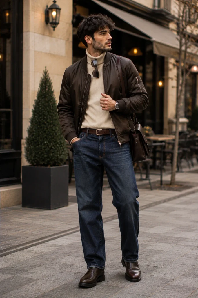 Best Winter Aesthetic Outfits for Men Designs Ideas featuring a modern bomber jacket, roll-neck sweater, relaxed-fit jeans, and contemporary winter boots.