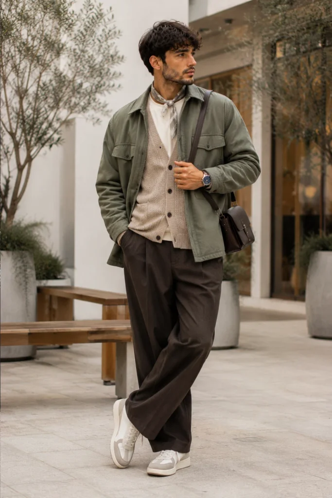 Best Winter Aesthetic Outfits for Men Designs Ideas featuring a soft cardigan, structured overshirt, wide-leg trousers, and modern minimalist footwear.
