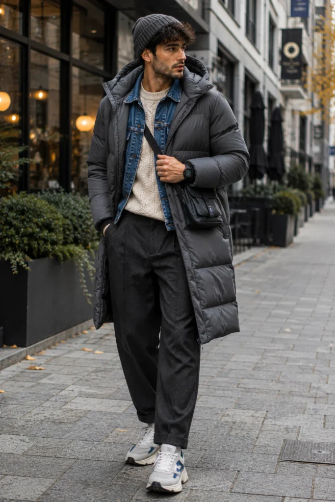 Best Winter Aesthetic Outfits for Men Designs Ideas featuring layered knitwear, a denim jacket, a long puffer coat, relaxed trousers, and contemporary winter sneakers.