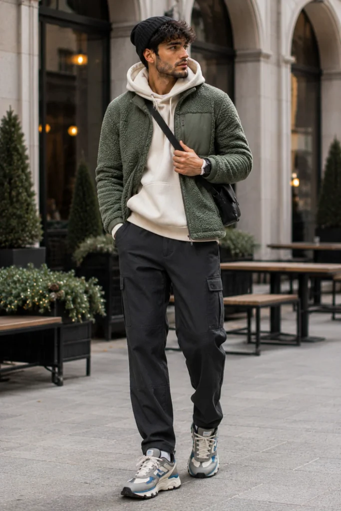 Best Winter Aesthetic Outfits for Men Designs Ideas featuring a textured fleece jacket, layered hoodie, relaxed utility trousers, and modern winter sneakers.