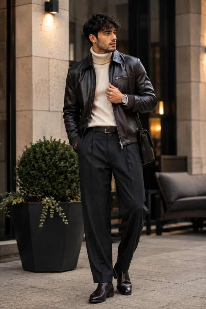 Best Winter Aesthetic Outfits for Men Designs Ideas featuring a sleek leather jacket, cream turtleneck, pleated trousers, and modern Chelsea boots.