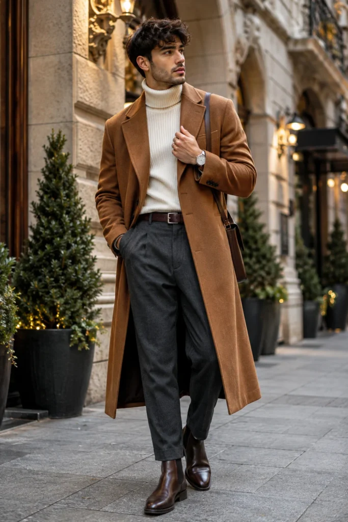 Best Winter Aesthetic Outfits for Men Designs Ideas featuring a camel long wool coat, cream turtleneck, tailored trousers, and polished Chelsea boots in a modern winter setting.