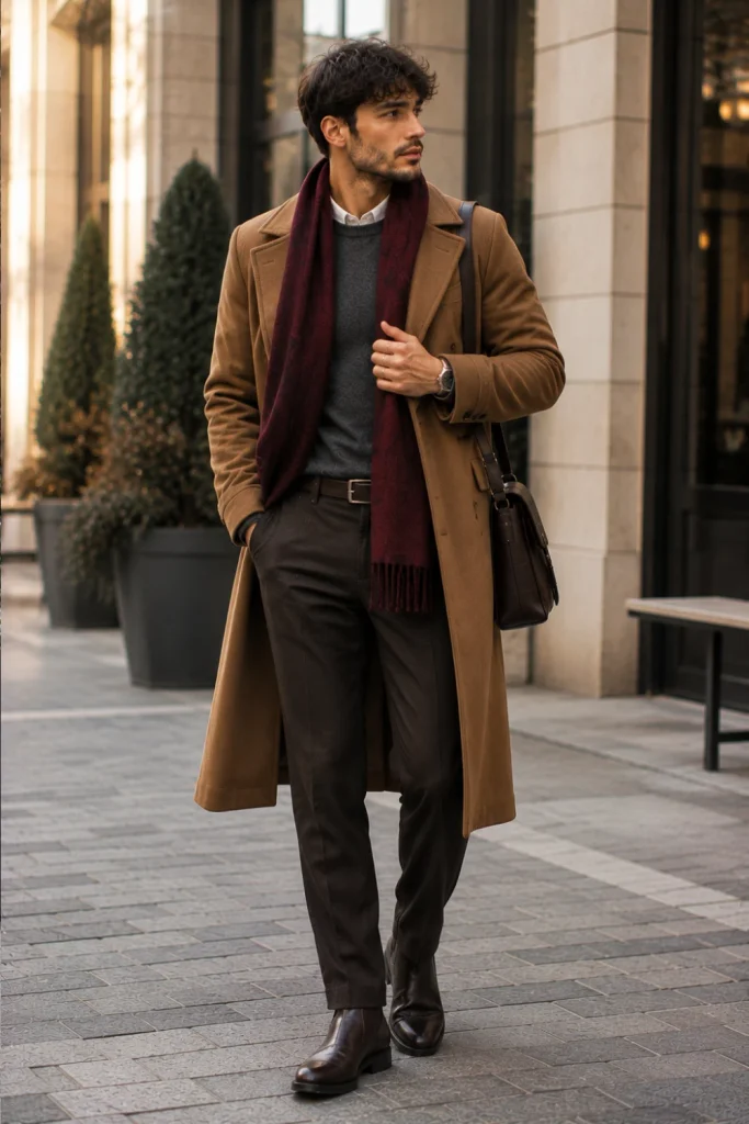 Best Winter Aesthetic Outfits for Men Designs Ideas featuring a longline coat, elegant scarf, minimalist knitwear layers, tailored trousers, and modern winter footwear.