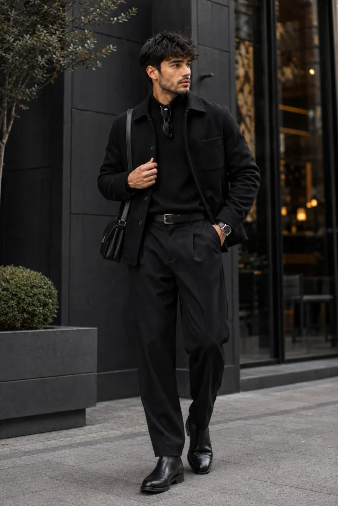 Best Winter Aesthetic Outfits for Men Designs Ideas featuring sophisticated monochrome black layers, textured winter clothing, and polished Chelsea boots.