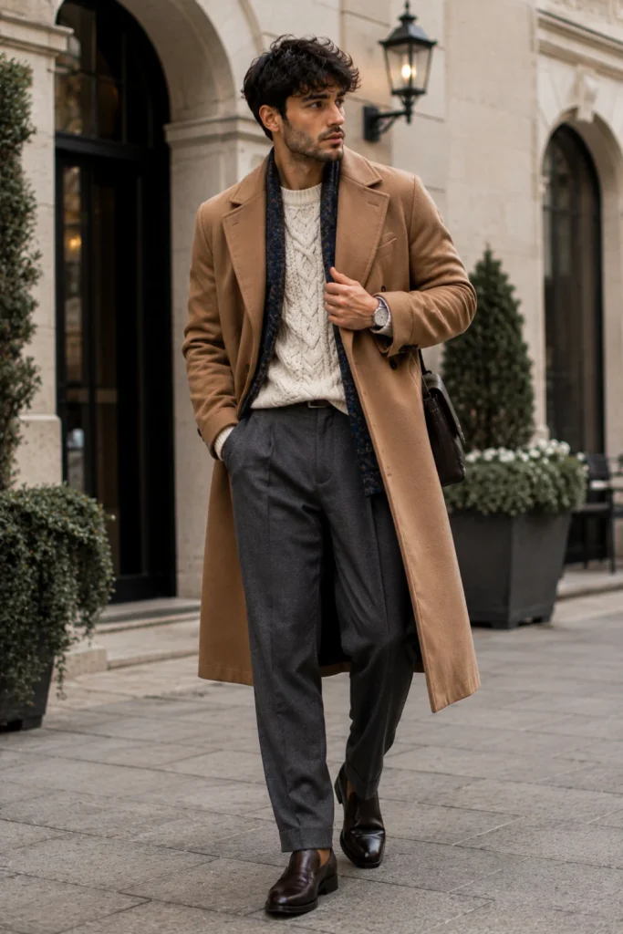 Best Winter Aesthetic Outfits for Men Designs Ideas featuring a camel overcoat, a textured cable-knit sweater, tailored wool trousers, and refined winter footwear.