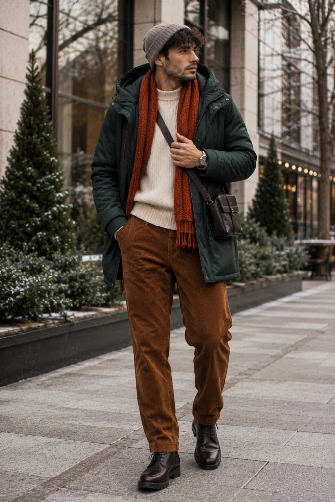 Best Winter Aesthetic Outfits for Men Designs Ideas featuring a modern parka, warm thermal knit sweater, textured corduroy pants, and stylish winter boots.