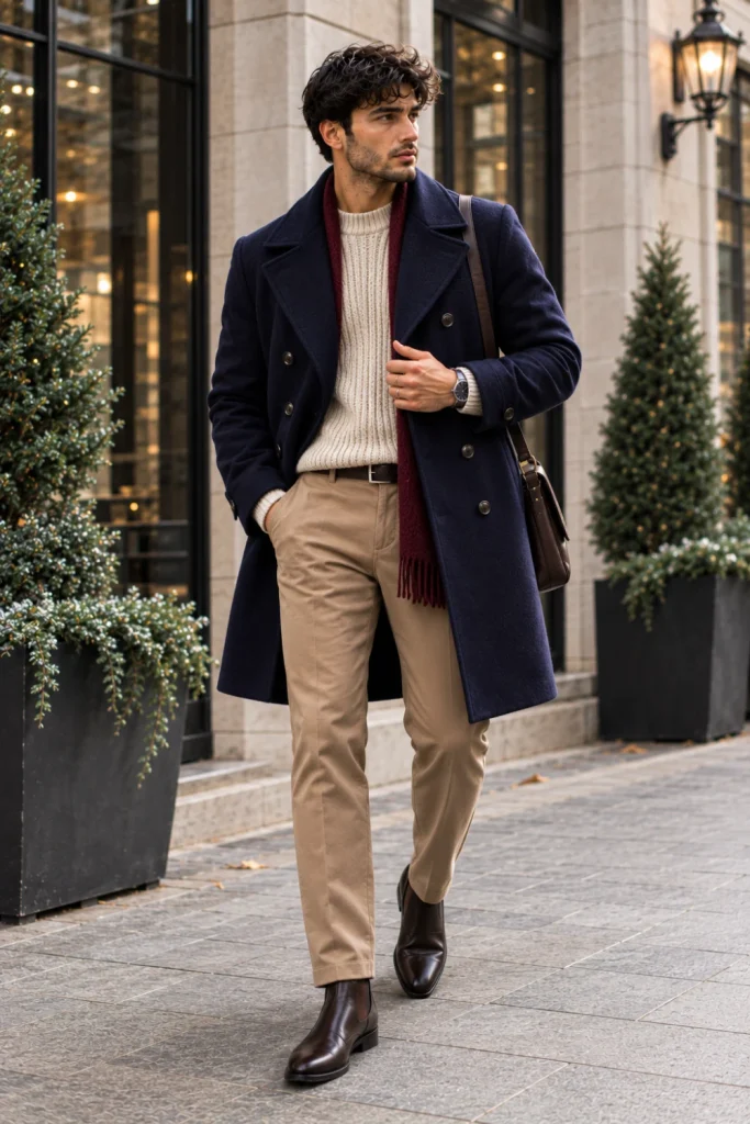 Best Winter Aesthetic Outfits for Men Designs Ideas featuring a navy peacoat, textured ribbed sweater, slim chinos, and refined winter boots.