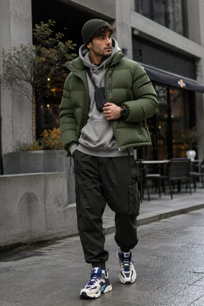 Best Winter Aesthetic Outfits for Men Designs Ideas featuring a modern puffer jacket, layered hoodie, cargo pants, chunky sneakers, and colorful urban winter styling.