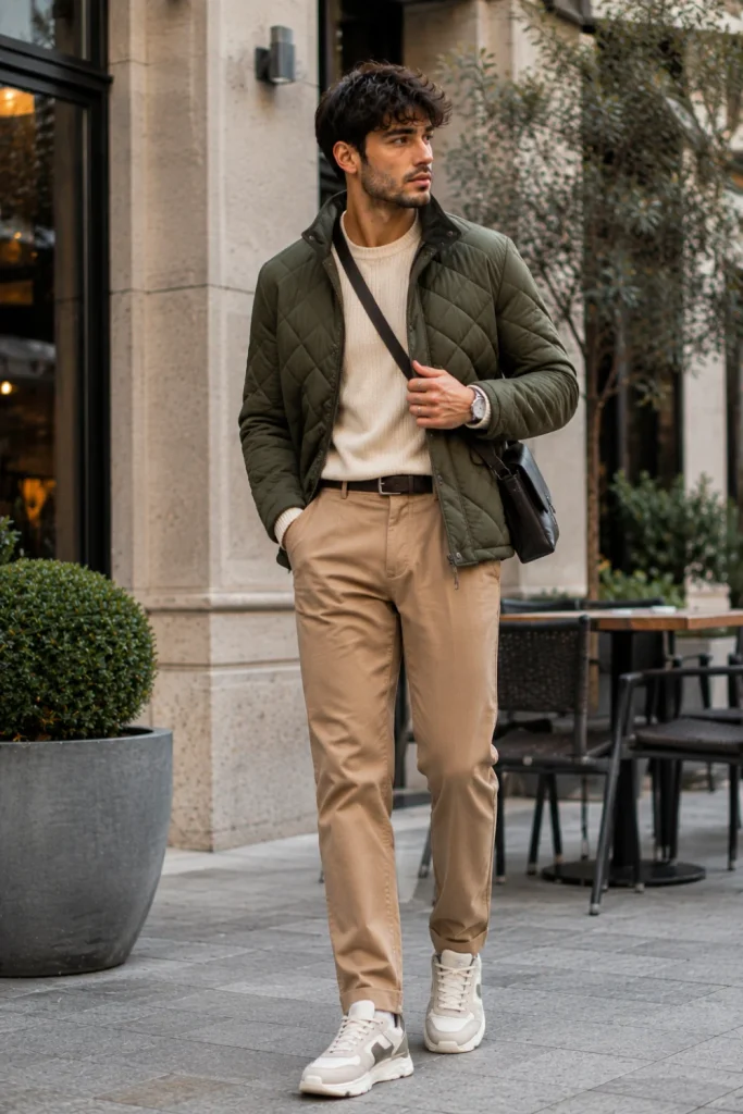 Best Winter Aesthetic Outfits for Men Designs Ideas featuring a sophisticated quilted jacket, cream crewneck sweater, tailored chinos, and modern winter sneakers.