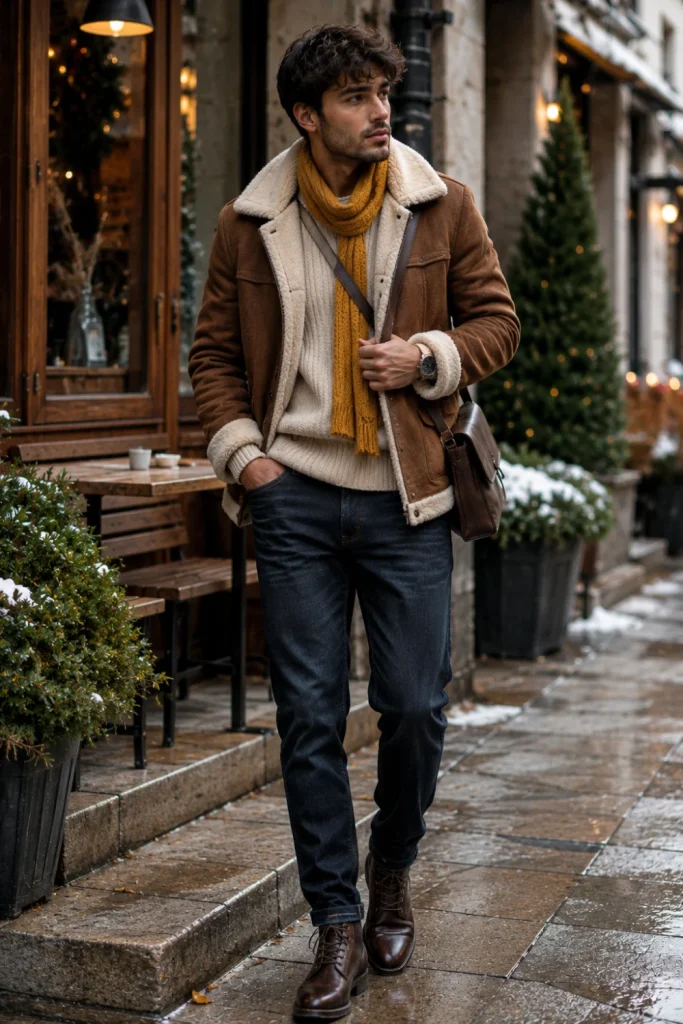 Best Winter Aesthetic Outfits for Men Designs Ideas showing a modern shearling jacket layered over a textured knit sweater with dark jeans and stylish winter boots.