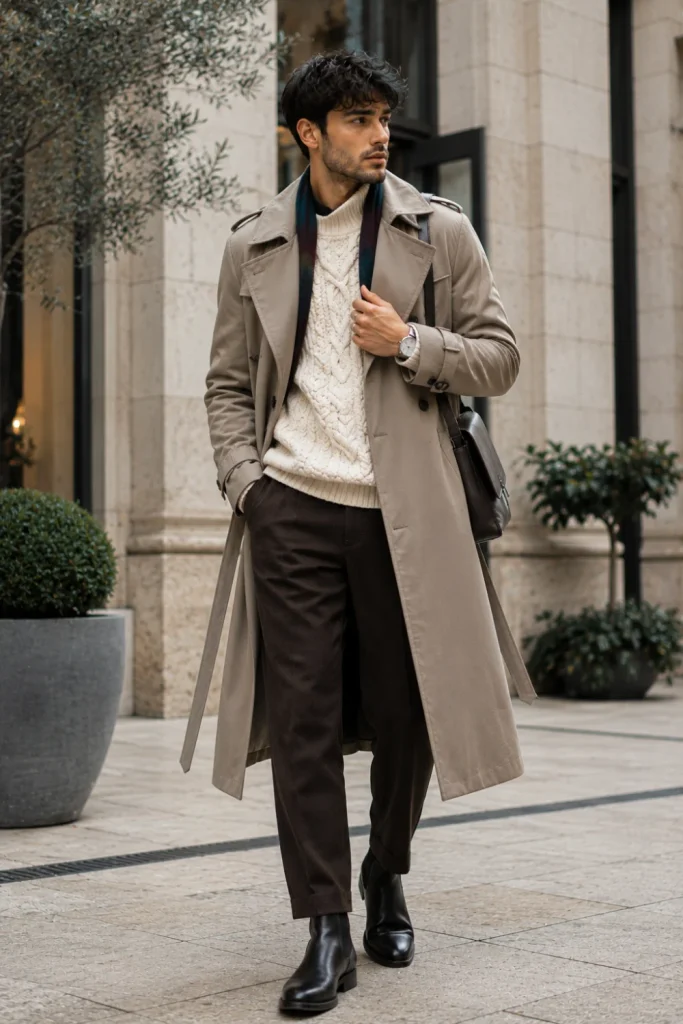 Best Winter Aesthetic Outfits for Men Designs Ideas featuring a modern beige trench coat, chunky knit sweater, straight-leg trousers, and sleek winter footwear.