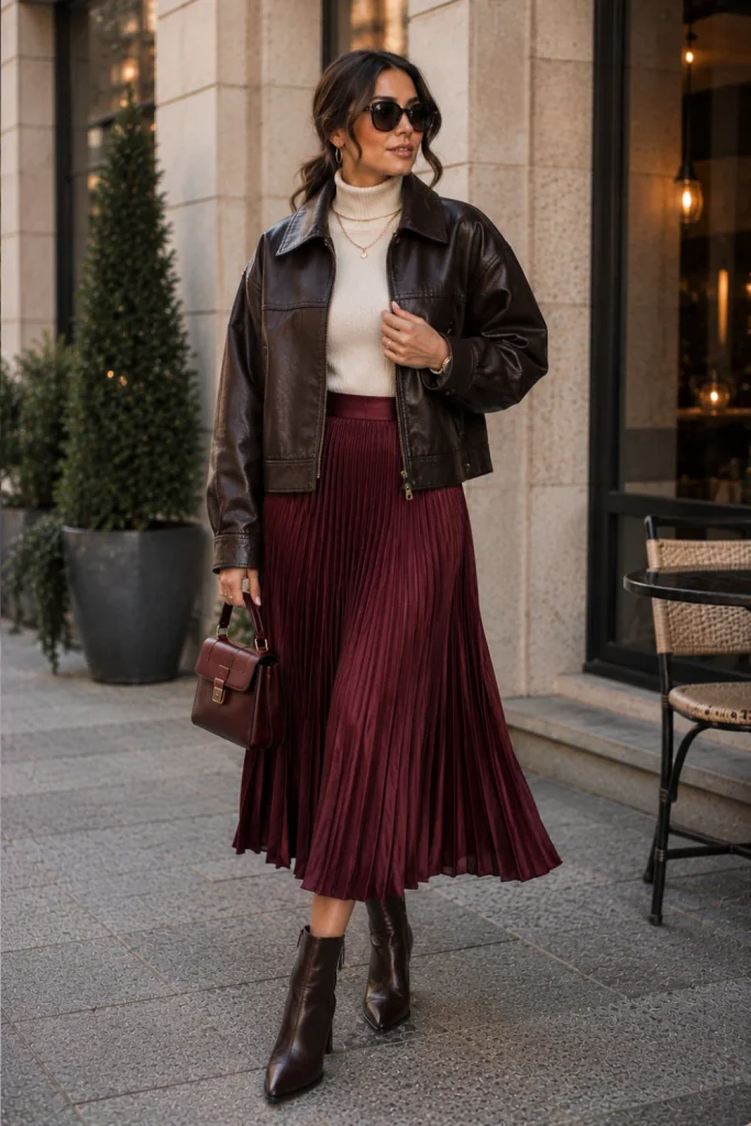 A modern leather jacket layered over a turtleneck with a pleated midi skirt and ankle boots for a chic winter aesthetic outfit.