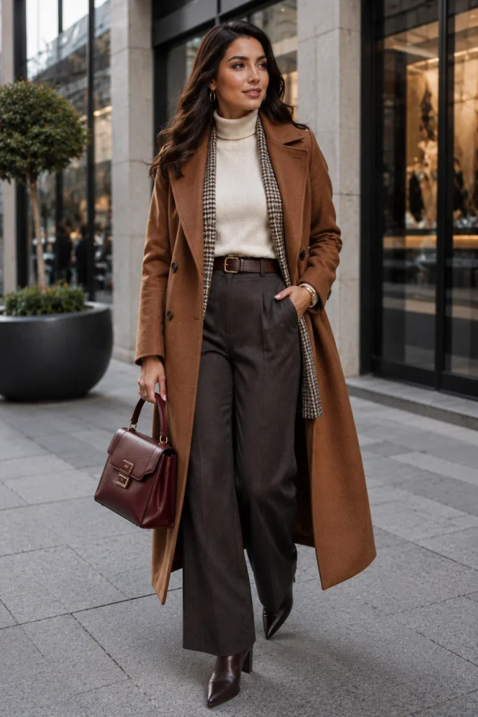 An elegant long wool coat with a fitted turtleneck and wide-leg trousers creates a polished winter aesthetic outfit for cold weather.