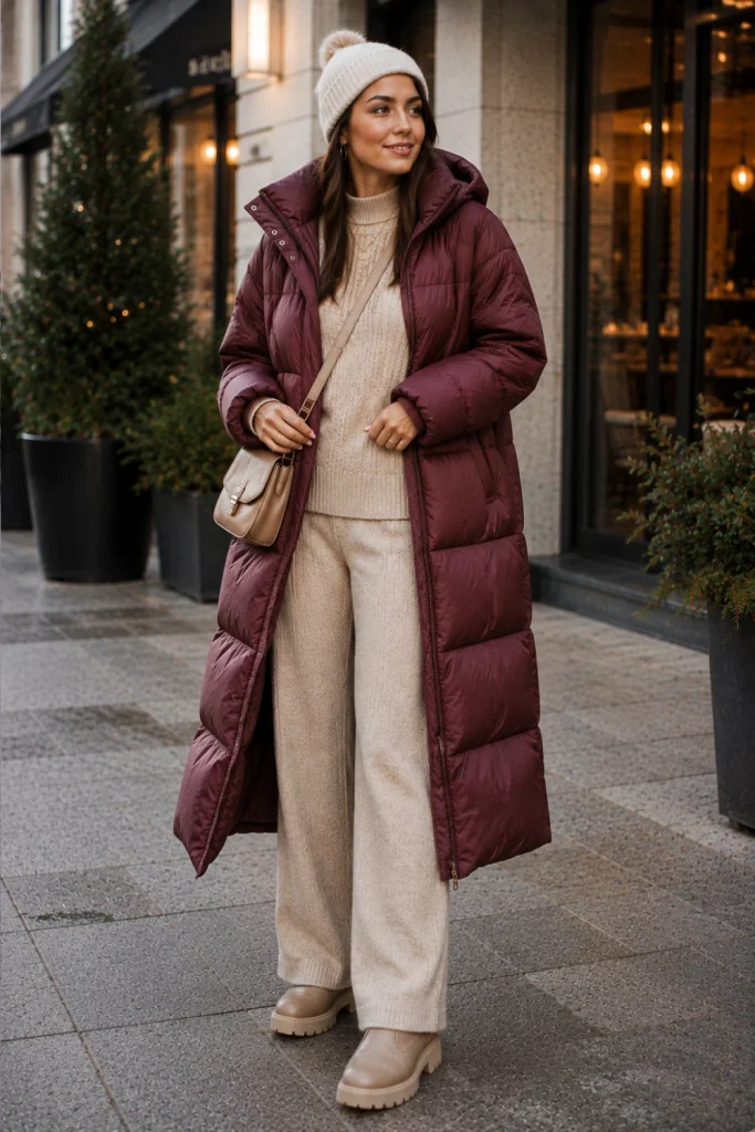 A longline puffer coat layered over a matching knit set with modern winter boots in a polished cold-weather aesthetic outfit.