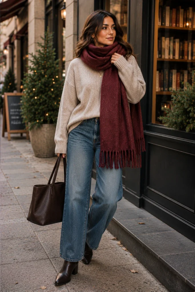 An oversized winter scarf styled with a cozy wool sweater, relaxed jeans, and ankle boots for a casual chic cold-weather look.