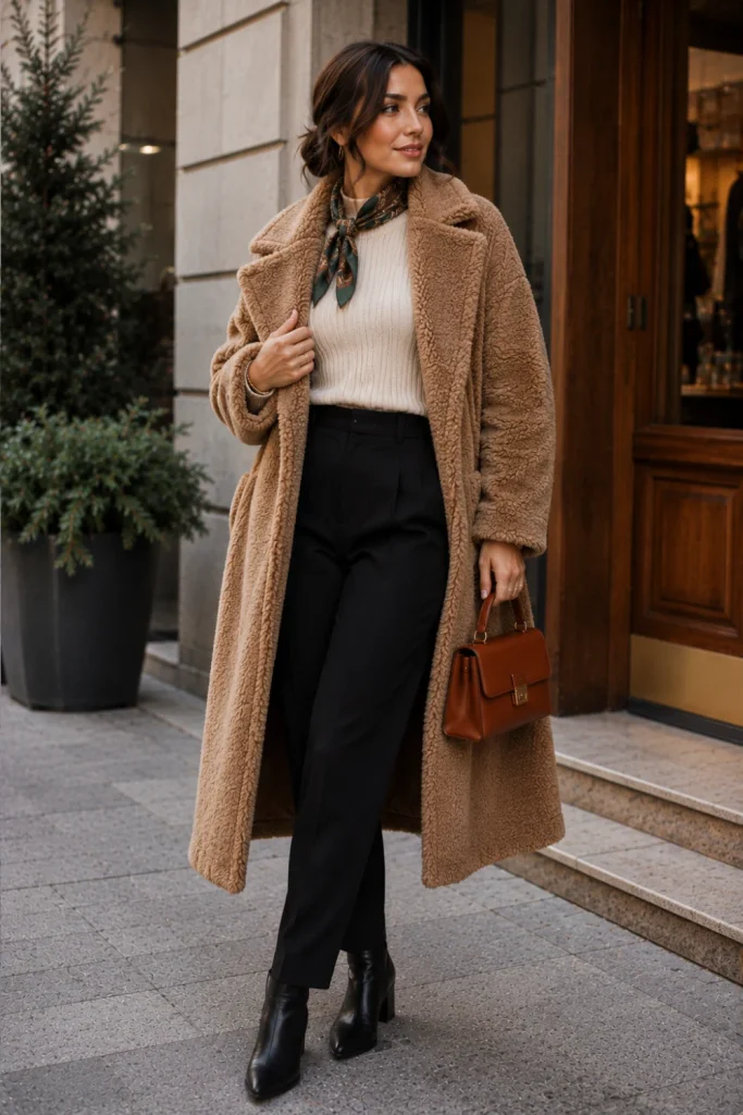 A cozy teddy coat styled with a ribbed sweater, black pants, and ankle boots for a chic, modern winter aesthetic look.