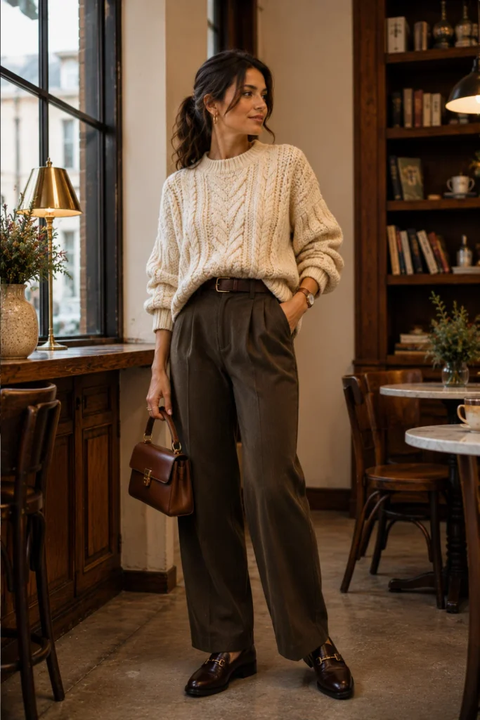 Best Winter Aesthetic Vintage Outfits featuring a chunky knit sweater, pleated high-waisted trousers, leather loafers, and polished winter accessories.