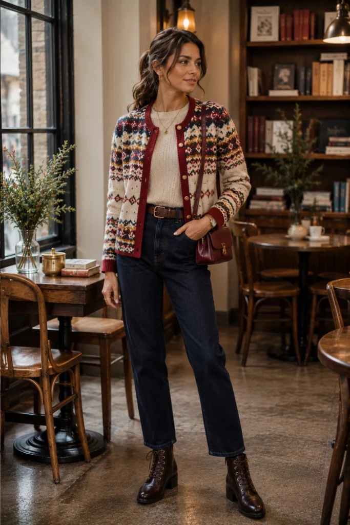 Best Winter Aesthetic Vintage Outfits featuring a colorful Fair Isle cardigan, dark straight-leg denim, lace-up boots, and contemporary winter accessories.