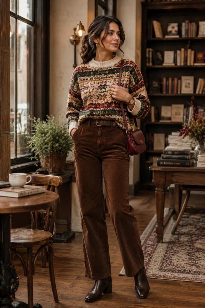 Best Winter Aesthetic Vintage Outfits featuring a colorful Fair Isle sweater, brown corduroy trousers, ankle boots, and polished winter accessories.