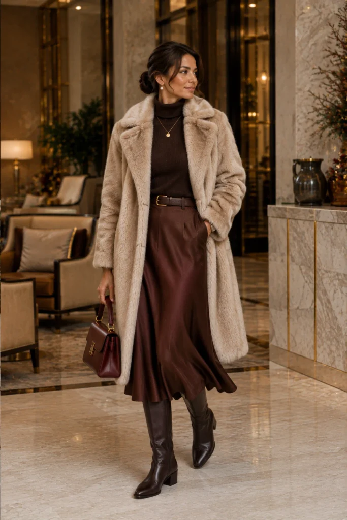 Best Winter Aesthetic Vintage Outfits featuring a cream faux-fur coat, roll-neck sweater, flowing midi skirt, knee-high boots, and polished winter accessories.