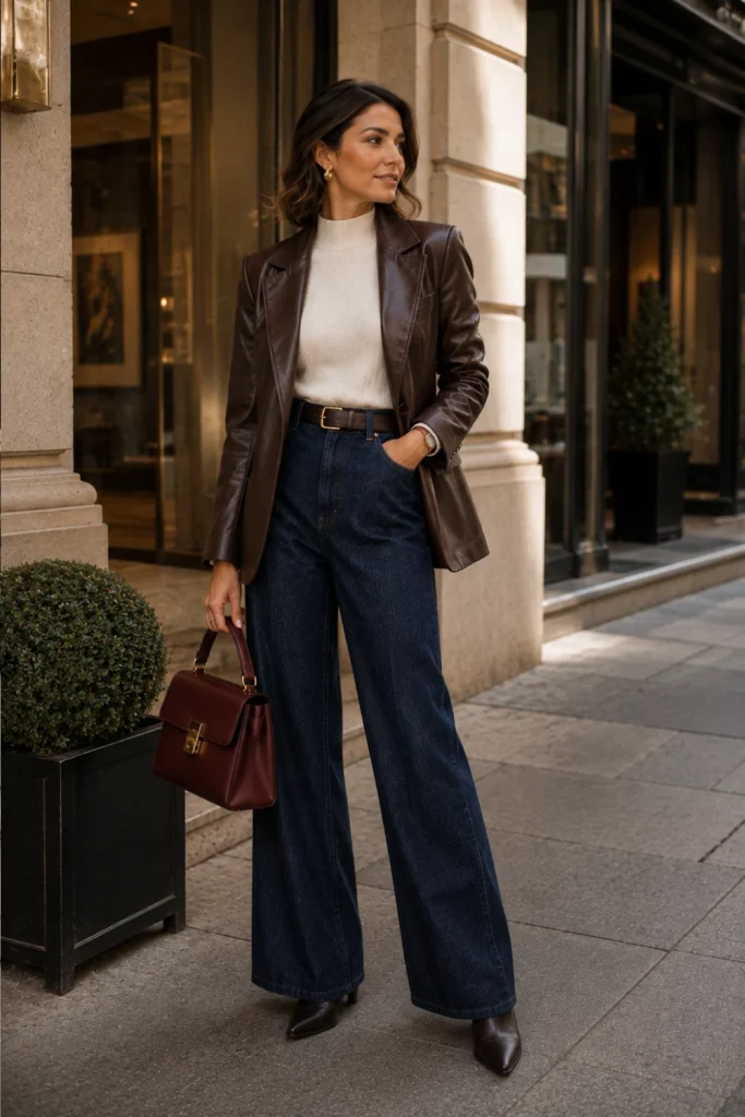 Best Winter Aesthetic Vintage Outfits featuring a vintage leather blazer, a cream mock-neck top, wide-leg jeans, heeled boots, and chic modern accessories.