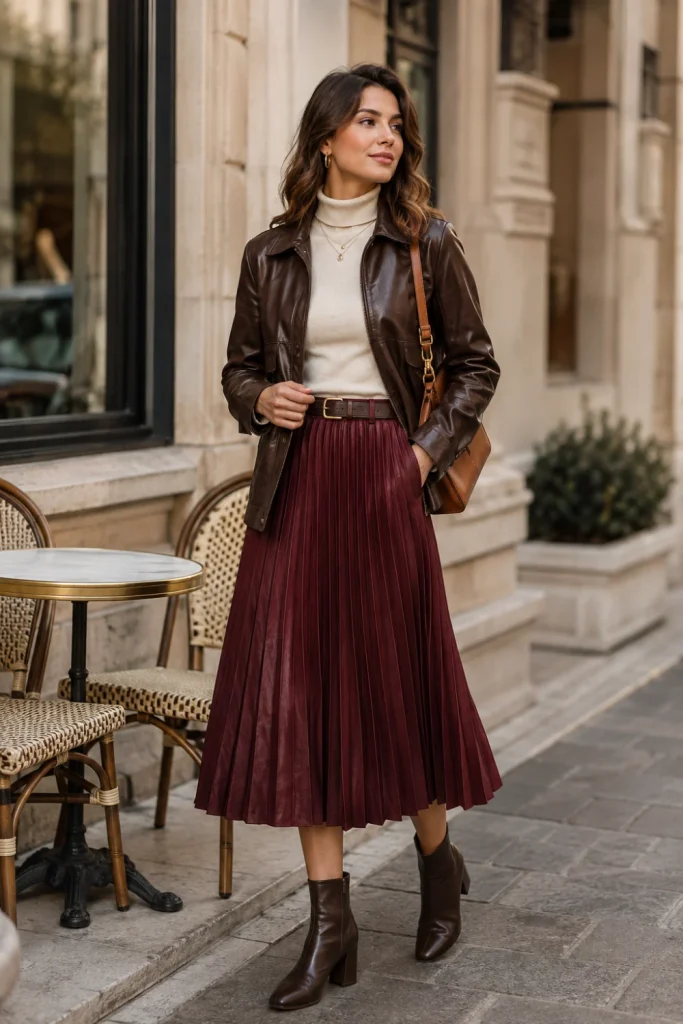 Best Winter Aesthetic Vintage Outfits featuring a modern leather jacket, a cream turtleneck, a pleated midi skirt, ankle boots, and chic winter accessories.