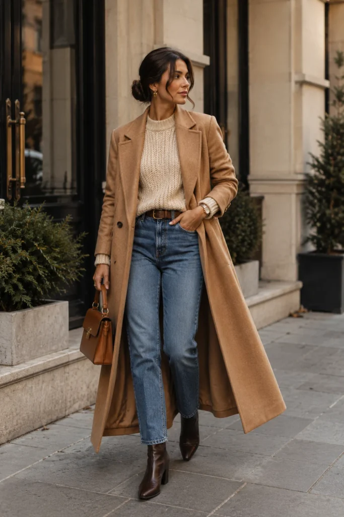 Best Winter Aesthetic Vintage Outfits: a camel wool coat, cozy knit sweater, straight-leg jeans, leather boots, and modern vintage accessories.
