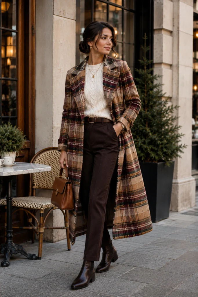 Best Winter Aesthetic Vintage Outfits featuring a classic plaid wool coat, cream cable-knit sweater, tailored trousers, and modern Chelsea boots.