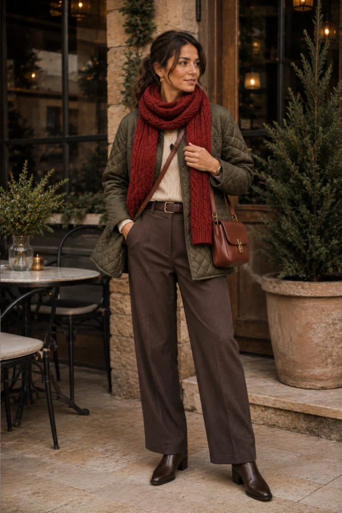 Best Winter Aesthetic Vintage Outfits featuring a quilted jacket, chunky cable-knit scarf, relaxed trousers, ankle boots, and modern winter accessories.