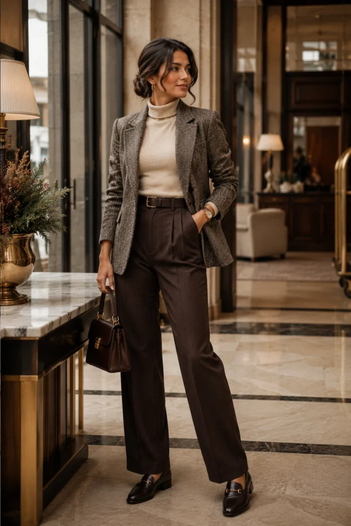 Best Winter Aesthetic Vintage Outfits: a tailored tweed blazer, fitted turtleneck, high-waisted wool trousers, loafers, and gold accessories.