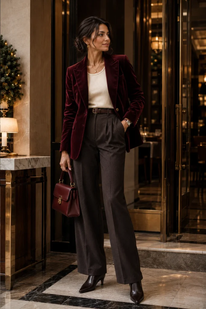 Best Winter Aesthetic Vintage Outfits featuring a burgundy velvet blazer, a fitted knit top, tailored trousers, pointed boots, and elegant gold accessories.