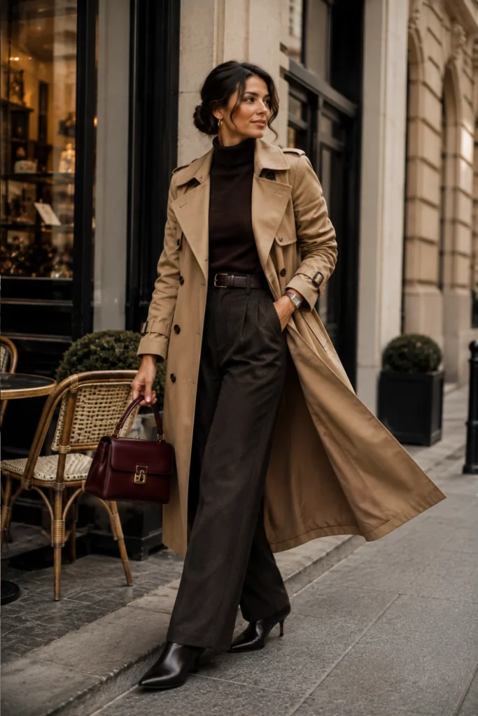 Best Winter Aesthetic Vintage Outfits featuring a belted vintage trench coat, a fitted turtleneck, wide-leg trousers, ankle boots, and a structured handbag.