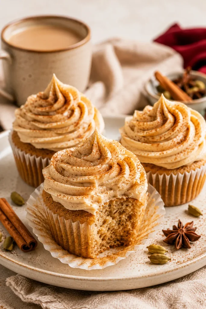 Soft chai spice cupcakes with creamy frosting and cinnamon are the best winter baking recipe ideas for cozy days.