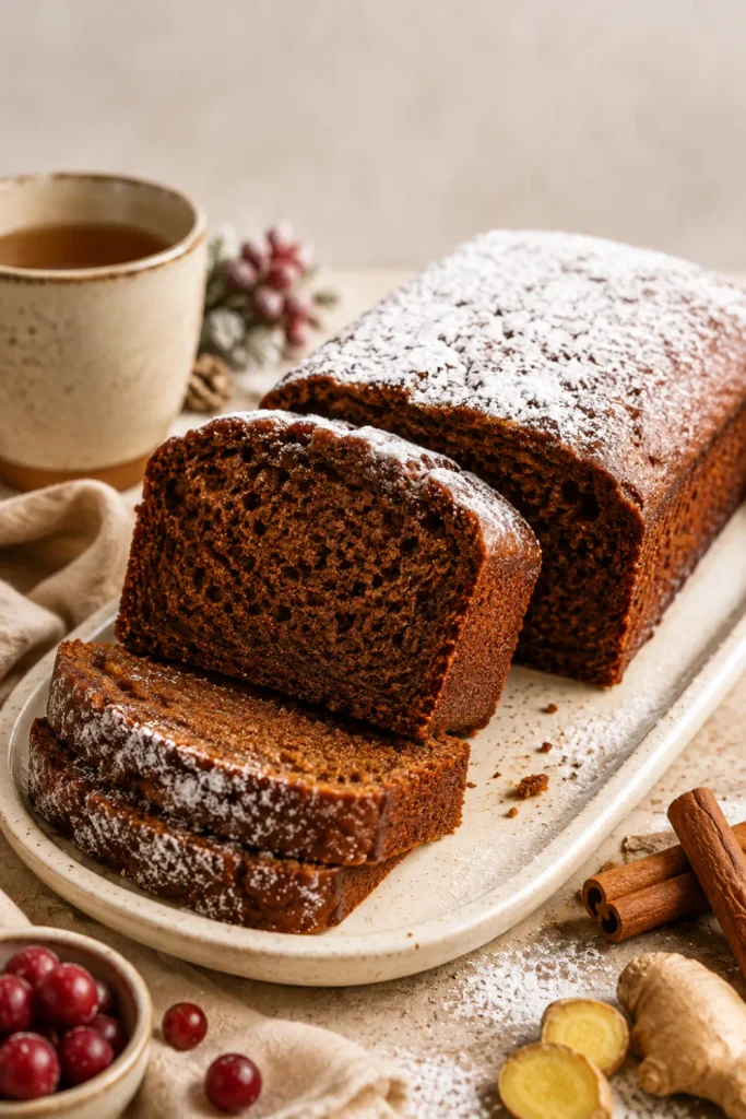 Moist spiced gingerbread loaf dusted with powdered sugar is one of the best winter baking recipe ideas for cozy days.