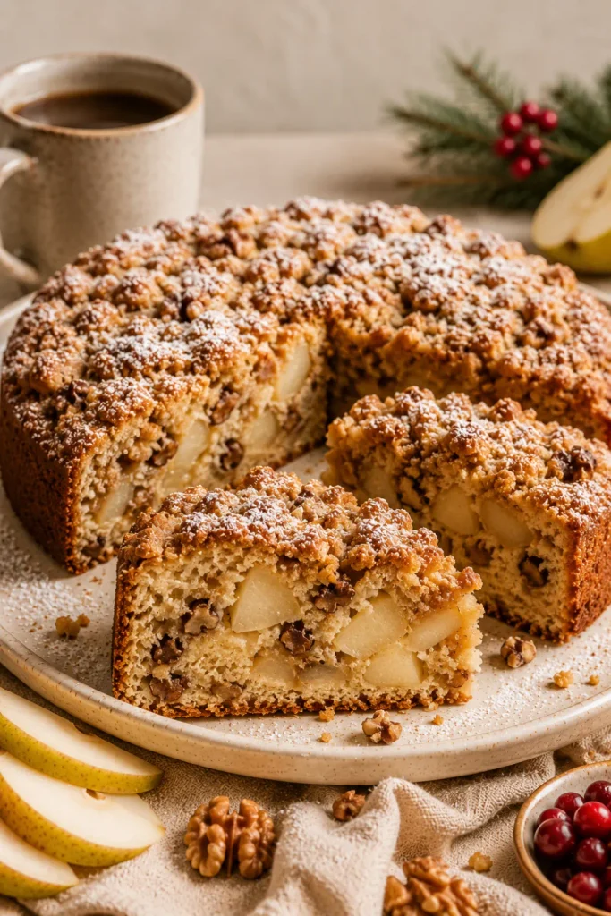 Juicy pear and toasted walnut coffee cake with golden crumb topping is one of the best winter baking recipe ideas for cozy days.