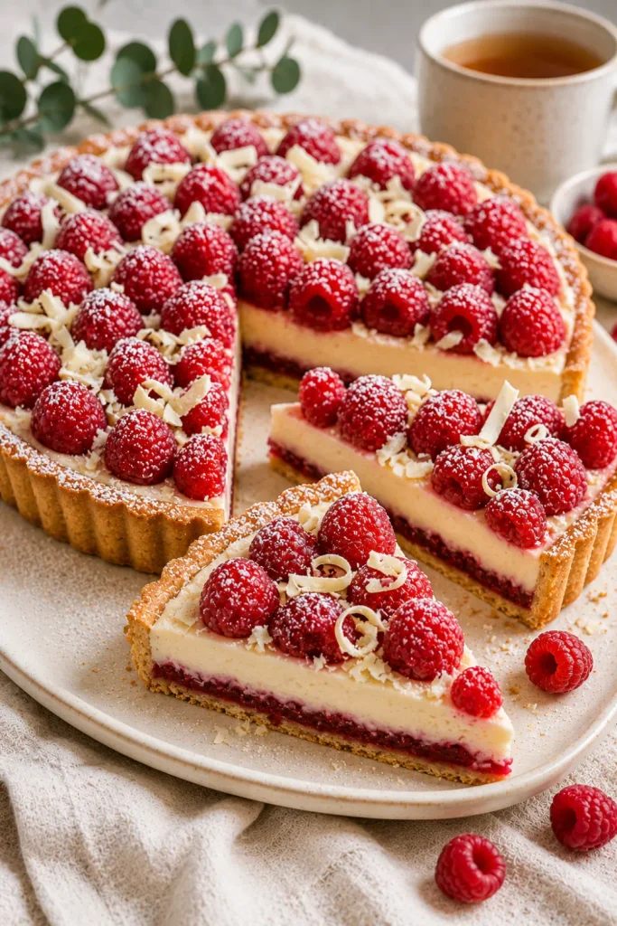 Elegant raspberry white chocolate tart with creamy filling and fresh raspberries for the best winter baking recipe ideas for cozy days.
