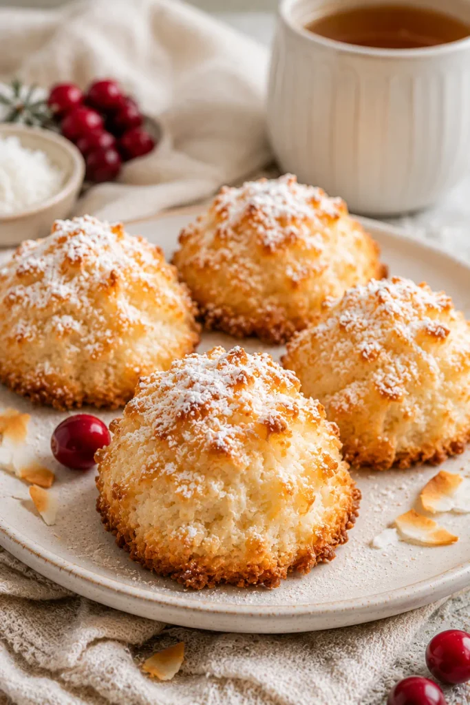 Golden coconut macaroons dusted with powdered sugar are among the best winter baking recipe ideas for cozy days.