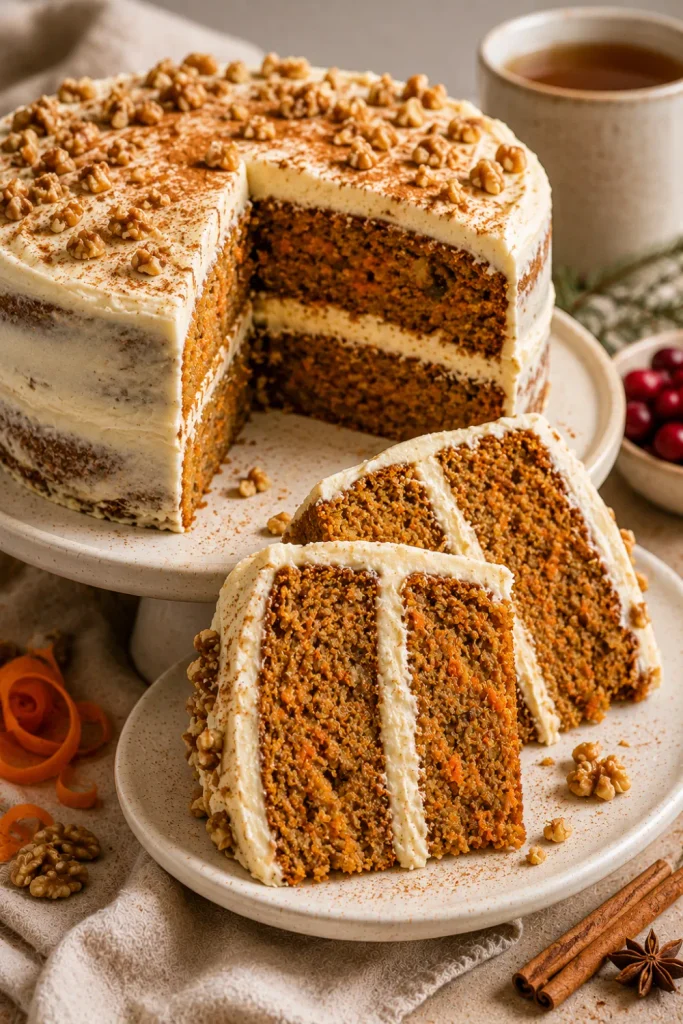 Moist spiced carrot cake with creamy frosting and walnuts is one of the best winter baking recipe ideas for cozy days.