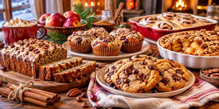Best Winter Baking Recipe Ideas For Cozy Days featuring homemade cinnamon rolls, chocolate chip cookies, fruit muffins, crumb-topped apple dessert, and warm spiced loaf arranged on a cozy rustic table by a fireplace