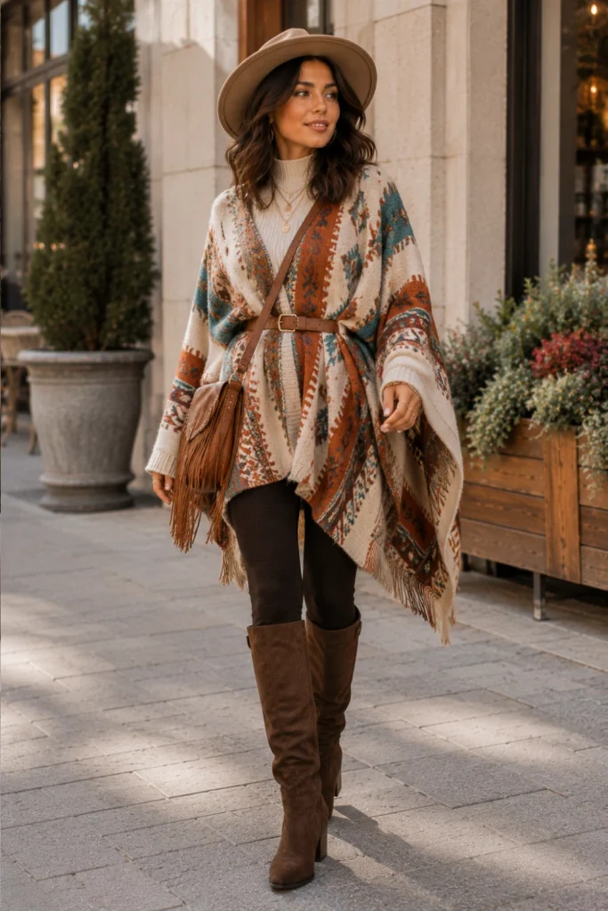 Best Winter Boho Aesthetic Outfits: Cozy Ideas featuring a textured boho poncho, fitted leggings, tall suede boots, and stylish winter accessories.
