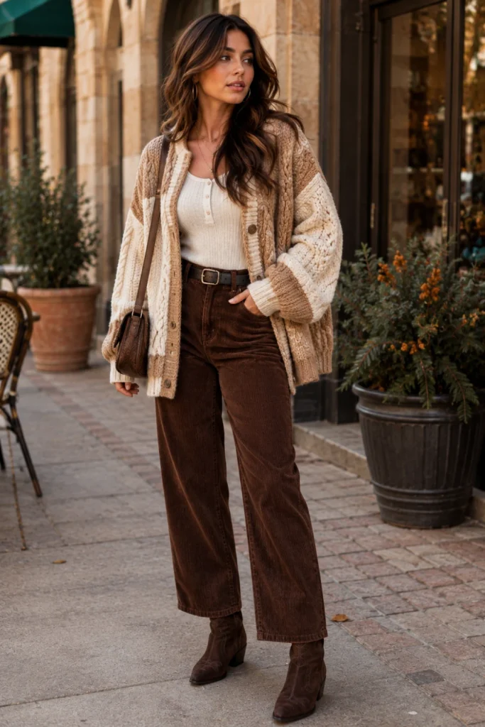 Best Winter Boho Aesthetic Outfits: Cozy Ideas featuring a chunky cardigan, rich corduroy trousers, western boots, and modern, vintage-inspired accessories.