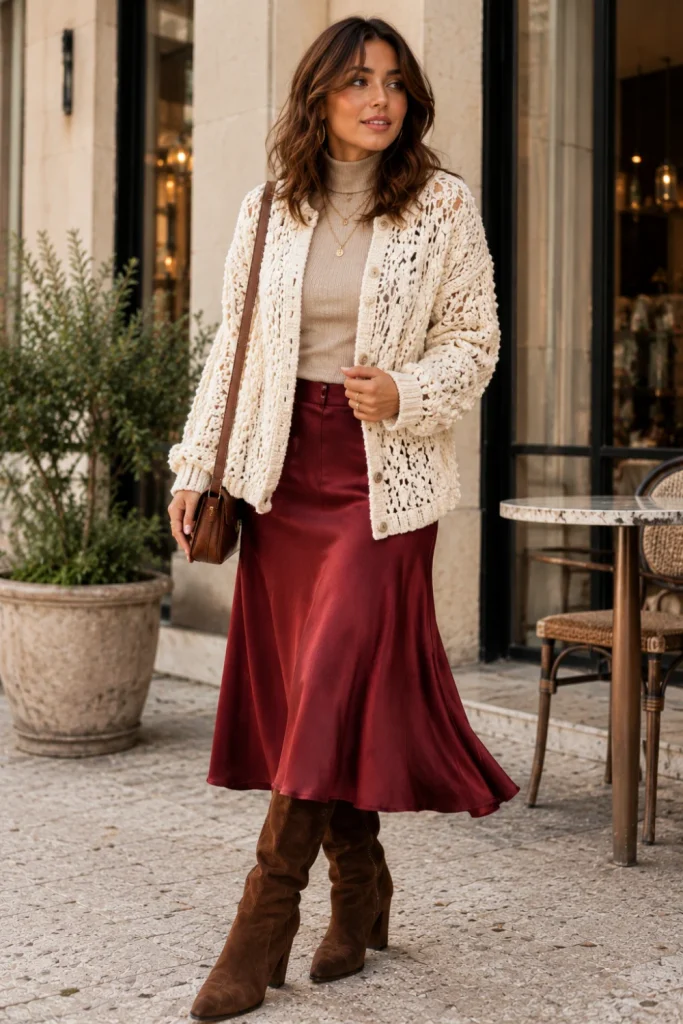 Best Winter Boho Aesthetic Outfits: Cozy Ideas featuring a textured crochet cardigan, a satin midi skirt, suede boots, modern winter accessories, and chic bohemian styling.