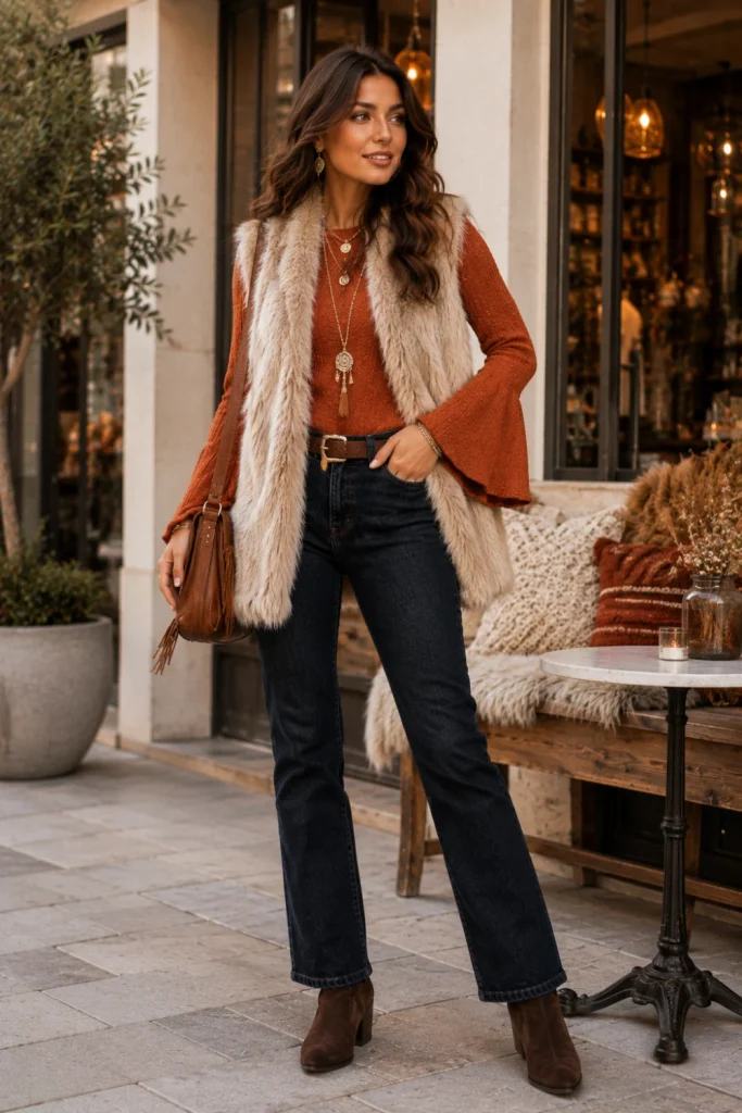 Best Winter Boho Aesthetic Outfits: Cozy Ideas with a luxe faux fur vest, bell-sleeve sweater, dark denim, suede boots, and contemporary boho styling.