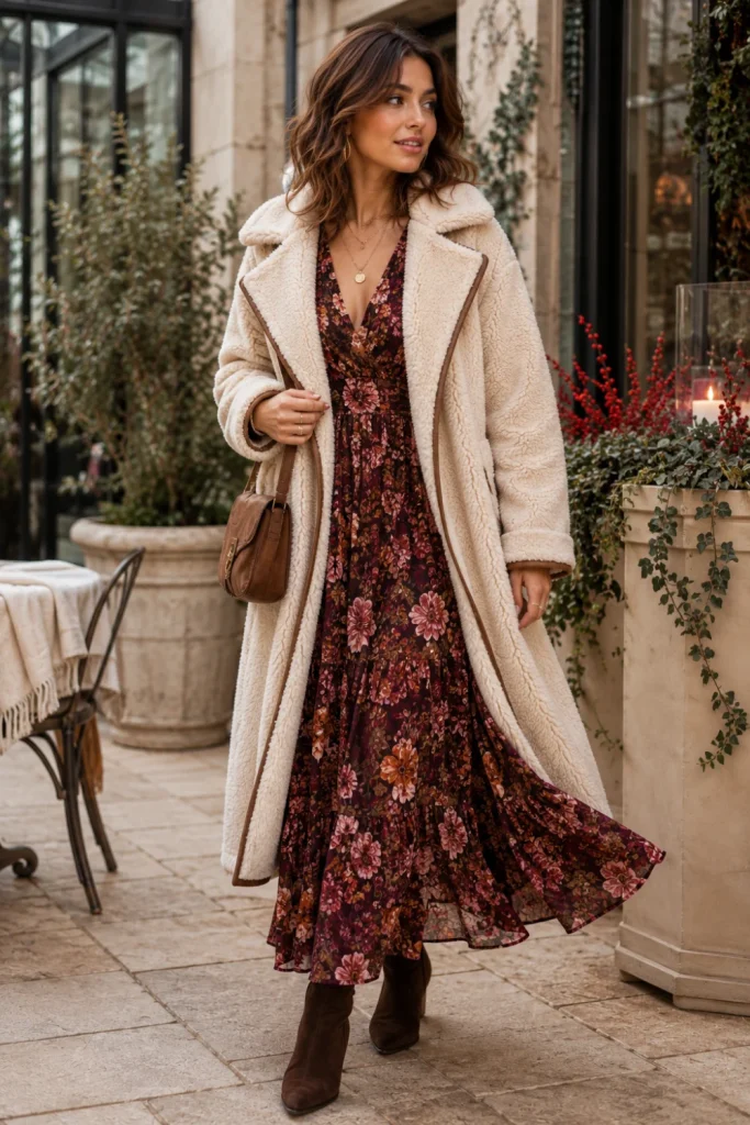 Best Winter Boho Aesthetic Outfits: Cozy Ideas with a luxe faux shearling coat, dark floral maxi dress, ankle boots, and modern bohemian accessories.