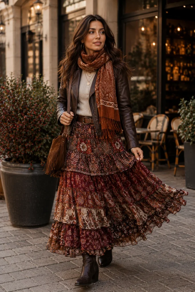 Best Winter Boho Aesthetic Outfits: Cozy Ideas with a sleek leather jacket, flowing tiered maxi skirt, cozy scarf, ankle boots, and modern boho accessories.